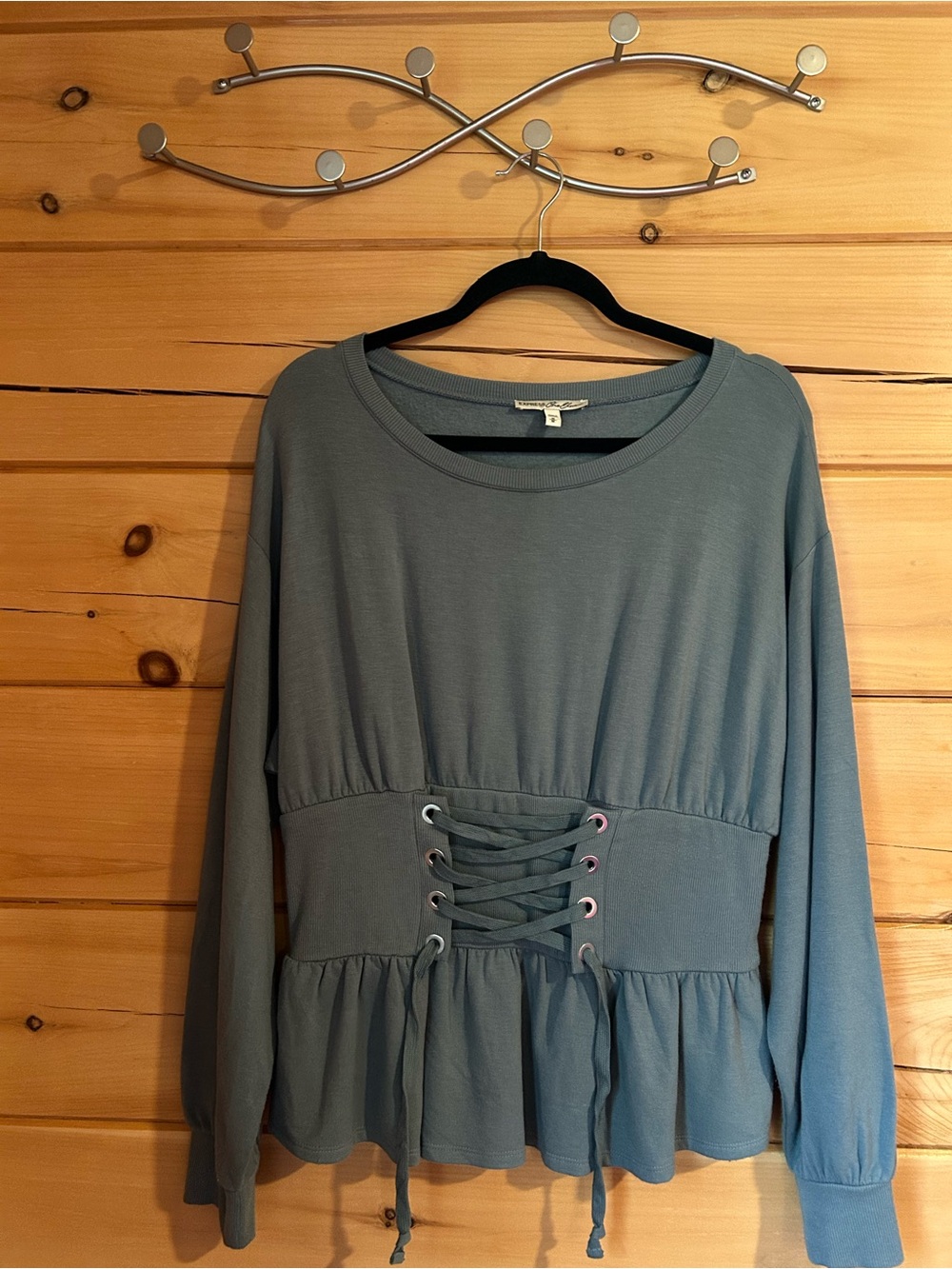Express Blue-Green Lace-Up Peplum Long Sleeve Top